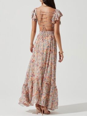 ASTR the Label Peach Primrose Floral Lace Up Back Maxi Dress